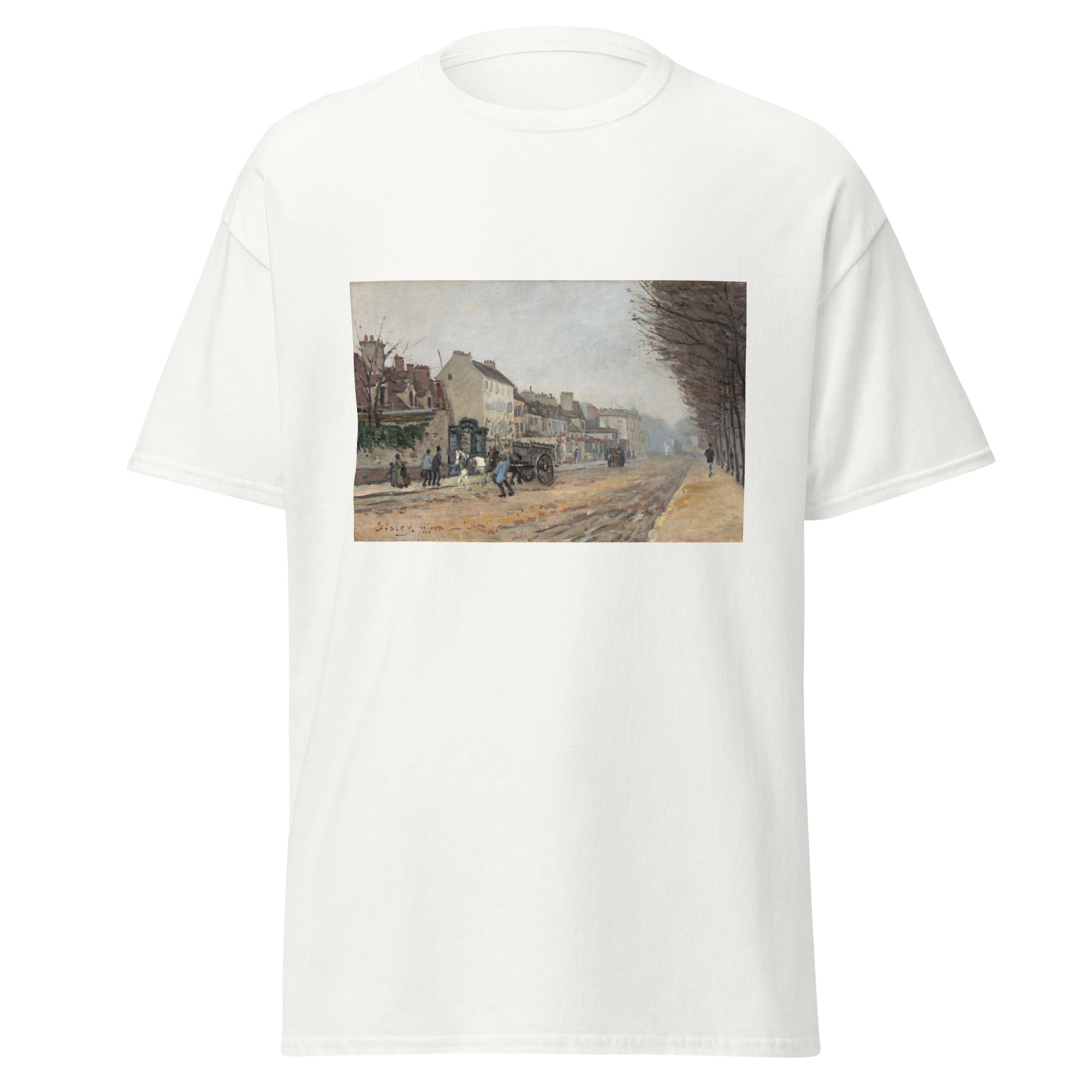 Unisex black t-shirt featuring Alfred Sisley painting "Argentuil" printed across the front
