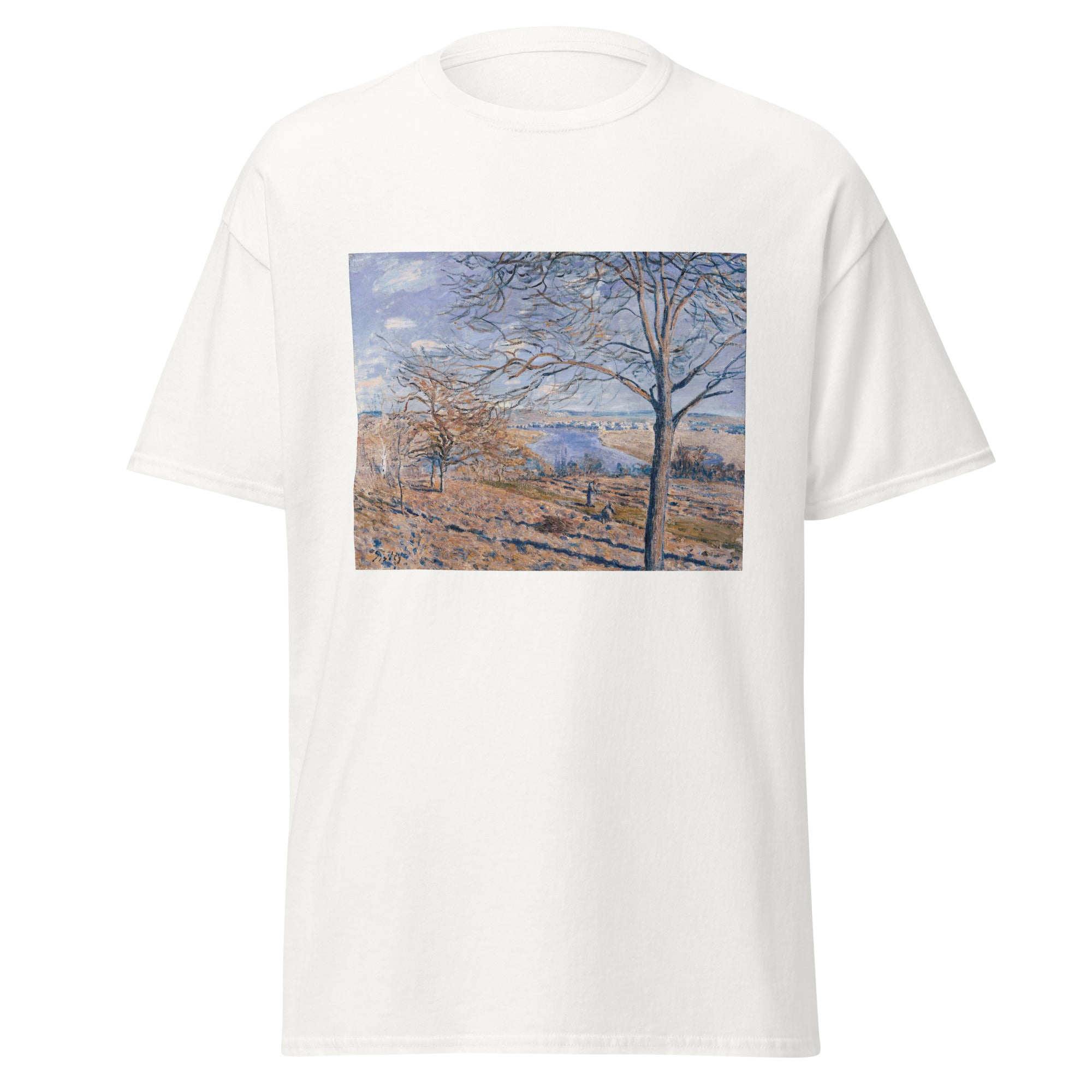 Unisex black t-shirt featuring Alfred Sisley painting "Autumn Effect" printed across the front