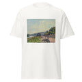 Unisex black t-shirt featuring Alfred Sisley painting "Bas Meudon" printed across the front