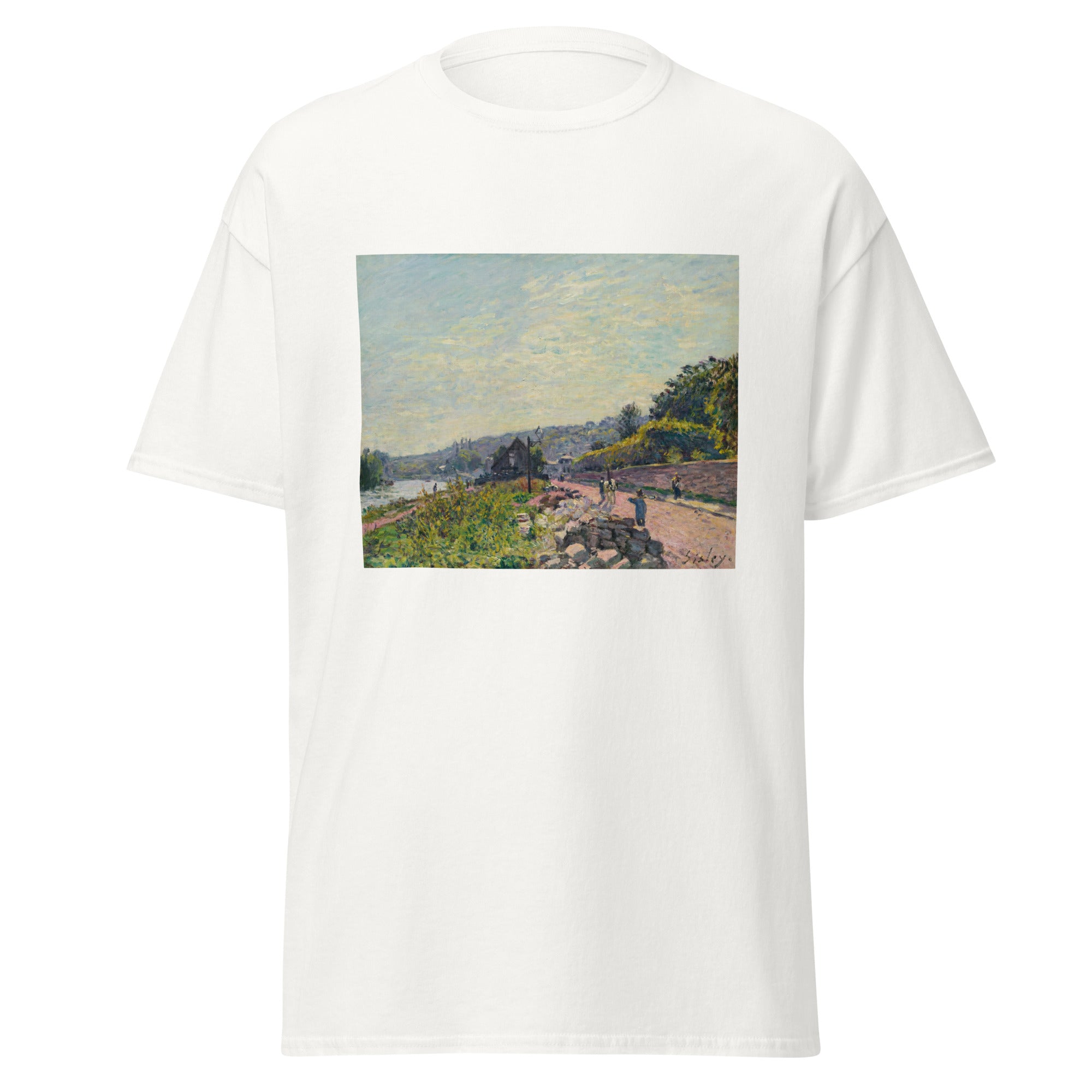 Unisex black t-shirt featuring Alfred Sisley painting "Bas Meudon" printed across the front