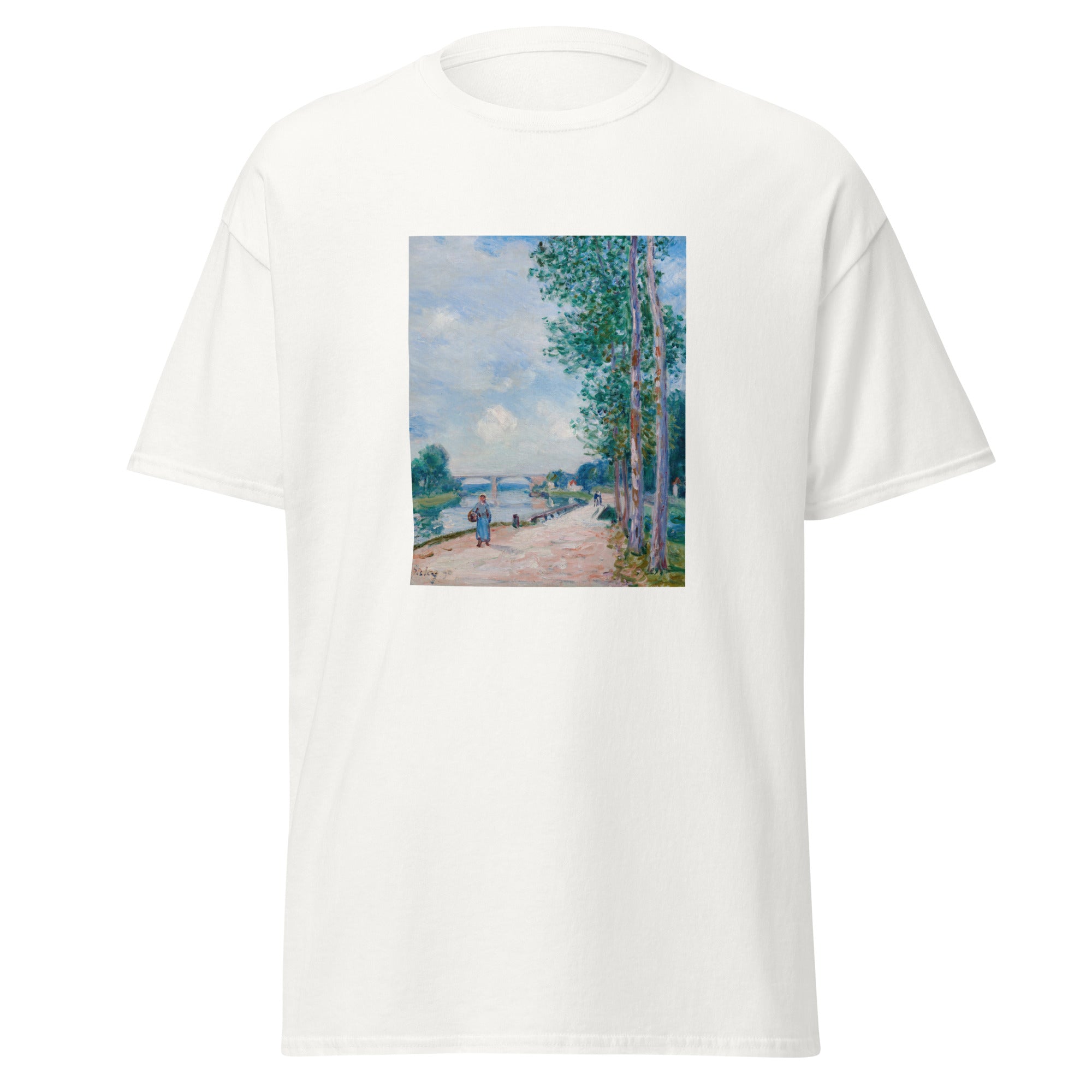 Unisex black t-shirt featuring Alfred Sisley painting "Bords Du Loing" printed across the front