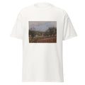 Unisex black t-shirt featuring Alfred Sisley painting "Bougival 2" printed across the front