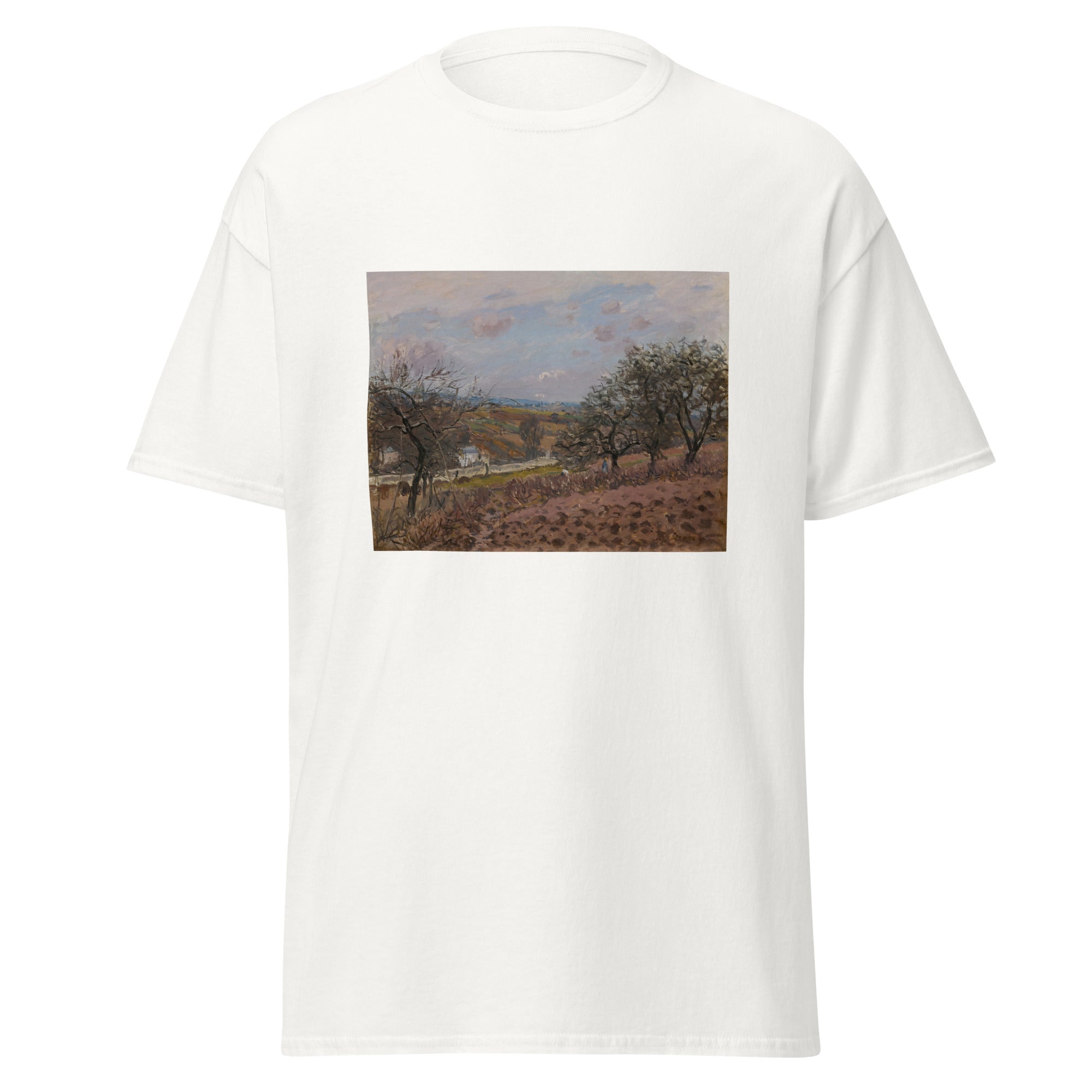 Unisex black t-shirt featuring Alfred Sisley painting "Bougival 2" printed across the front