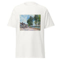 Unisex black t-shirt featuring Alfred Sisley painting "Bougival 1876" printed across the front