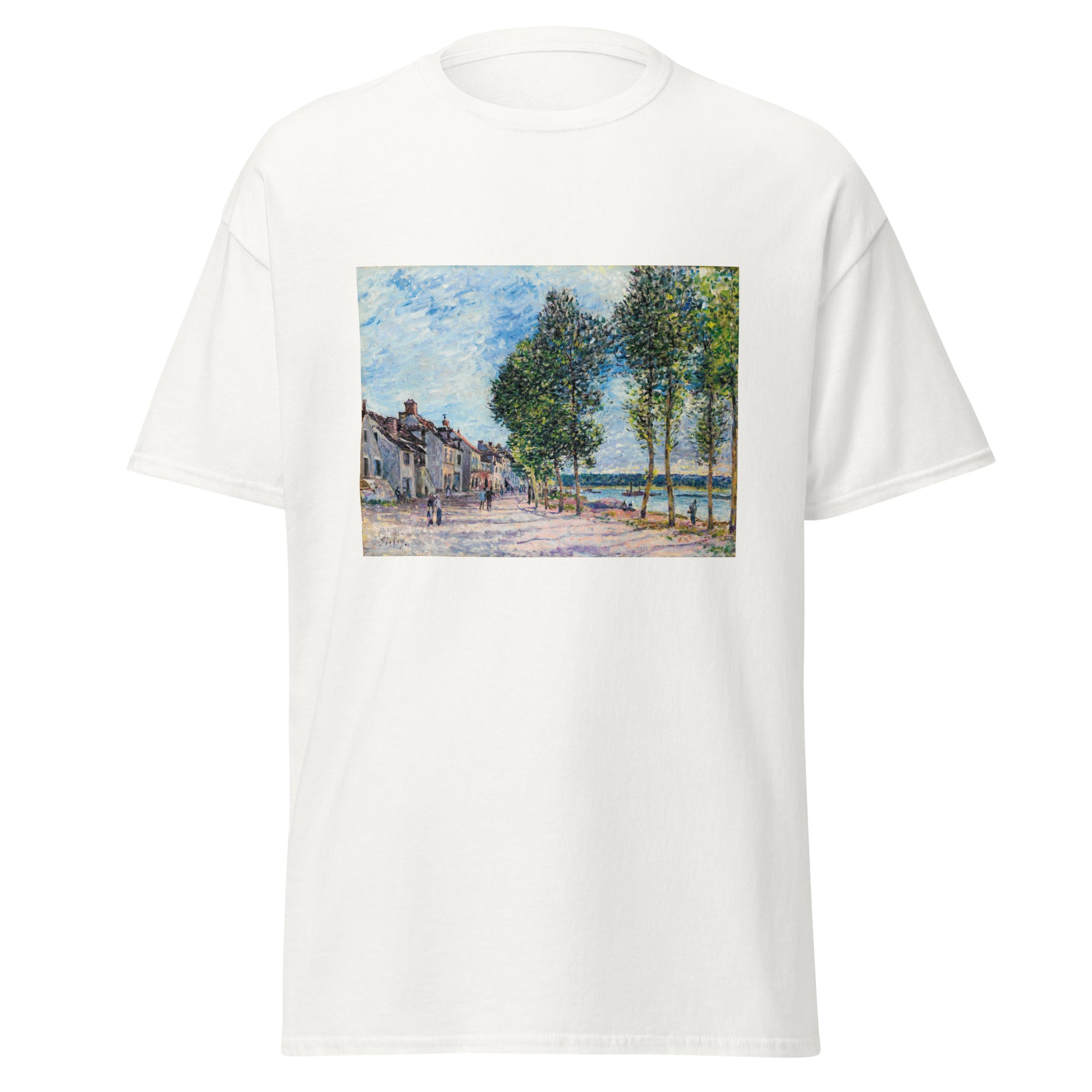 Unisex black t-shirt featuring Alfred Sisley painting "Bougival 1876" printed across the front