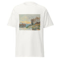 Unisex black t-shirt featuring Alfred Sisley painting "Bougival" printed across the front