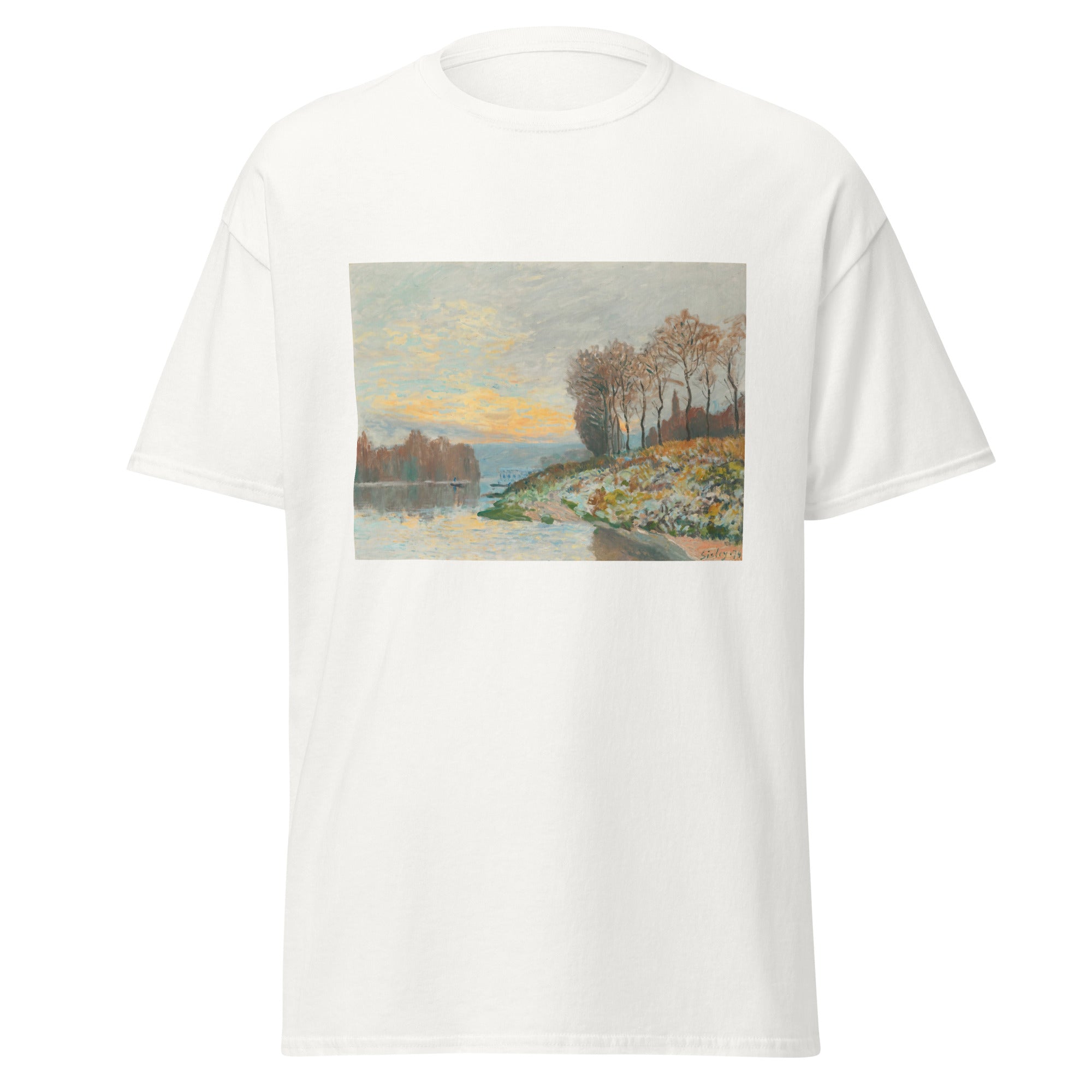 Unisex black t-shirt featuring Alfred Sisley painting "Bougival" printed across the front