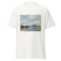 Unisex black t-shirt featuring Alfred Sisley painting "Canal Du Loing" printed across the front
