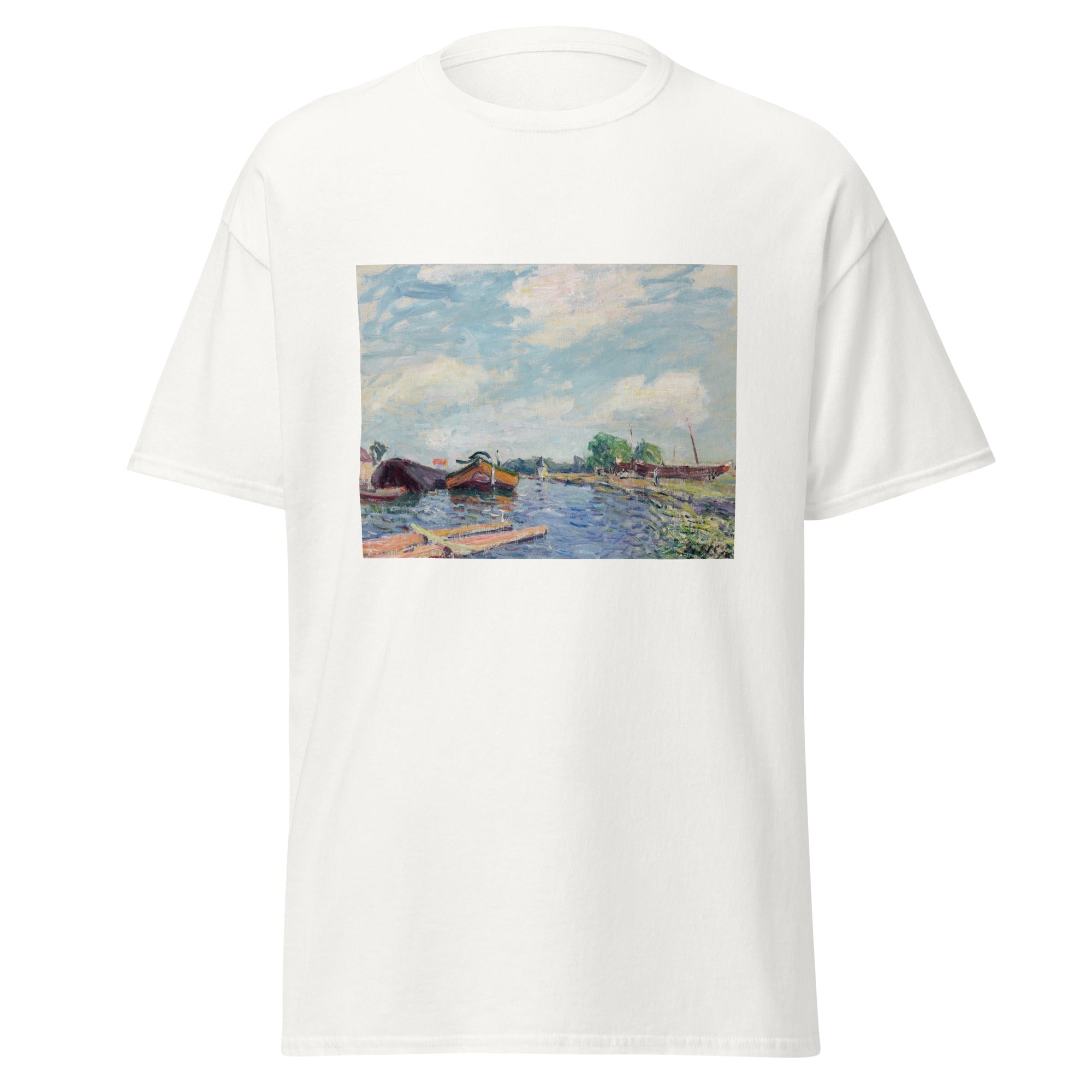 Unisex black t-shirt featuring Alfred Sisley painting "Canal Du Loing" printed across the front