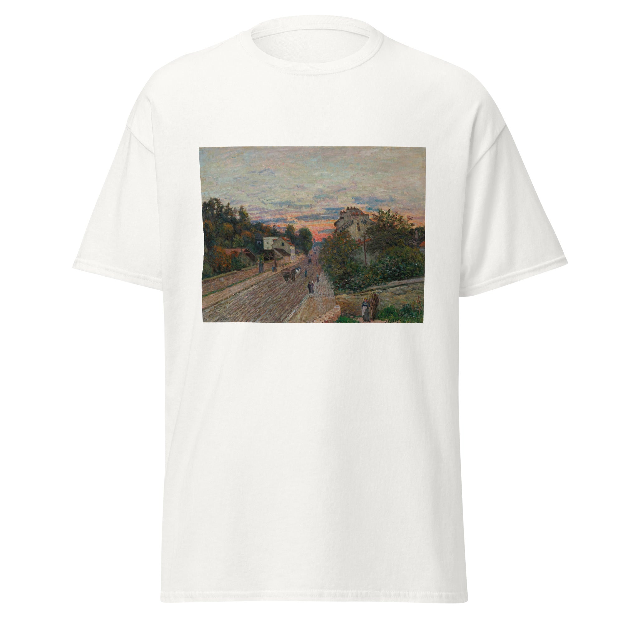 Unisex black t-shirt featuring Alfred Sisley painting "Chavilles" printed across the front