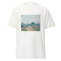Unisex black t-shirt featuring Alfred Sisley painting "Chemin De Prunay" printed across the front