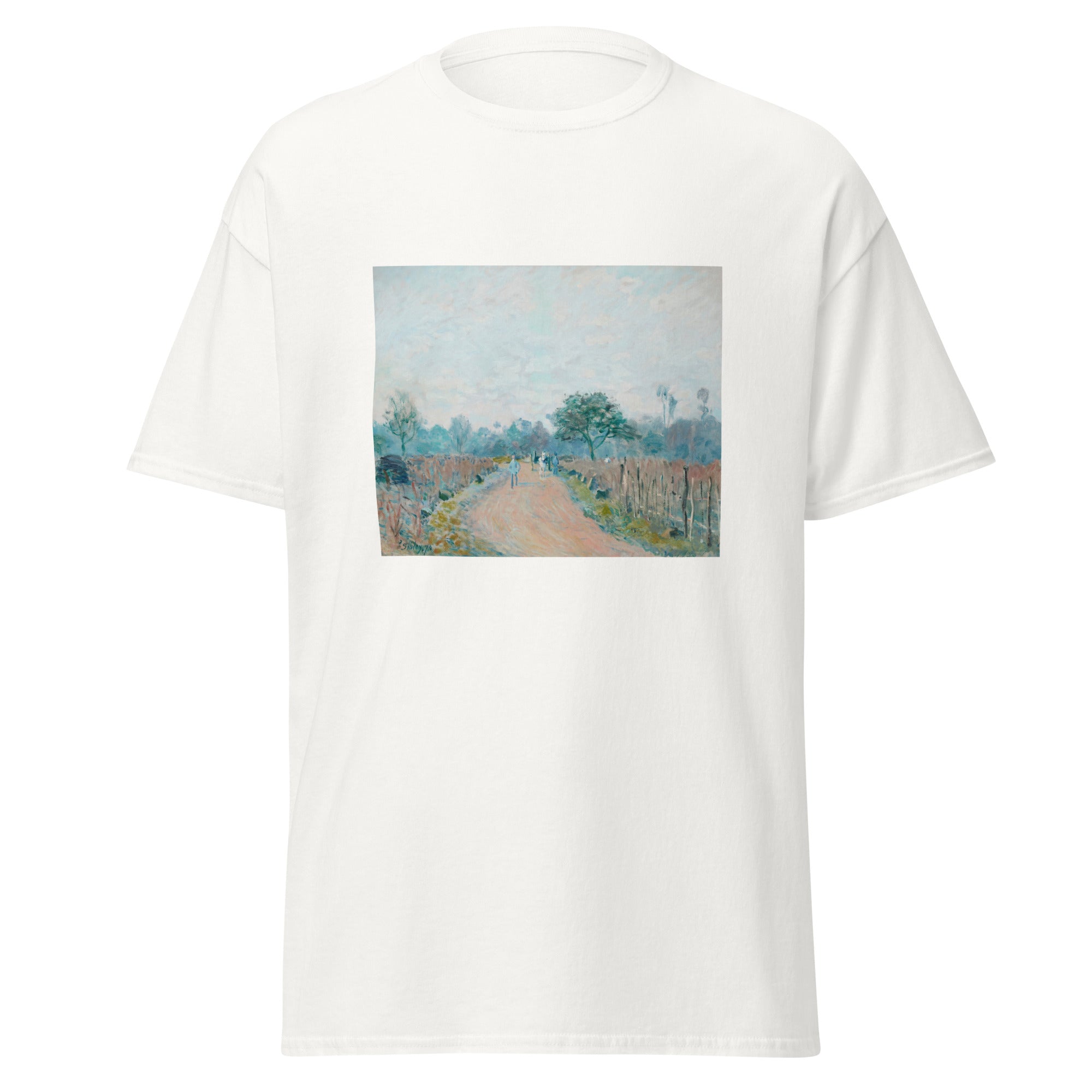 Unisex black t-shirt featuring Alfred Sisley painting "Chemin De Prunay" printed across the front