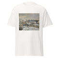 Unisex black t-shirt featuring Alfred Sisley painting "Effet De Neige" printed across the front