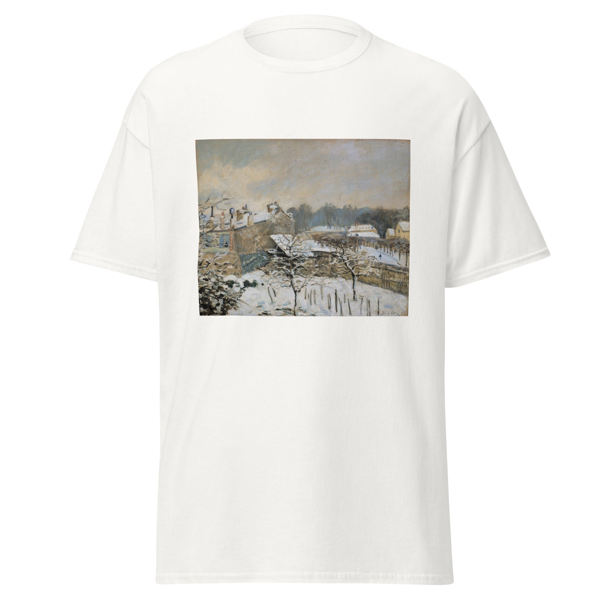 Unisex black t-shirt featuring Alfred Sisley painting "Effet De Neige" printed across the front