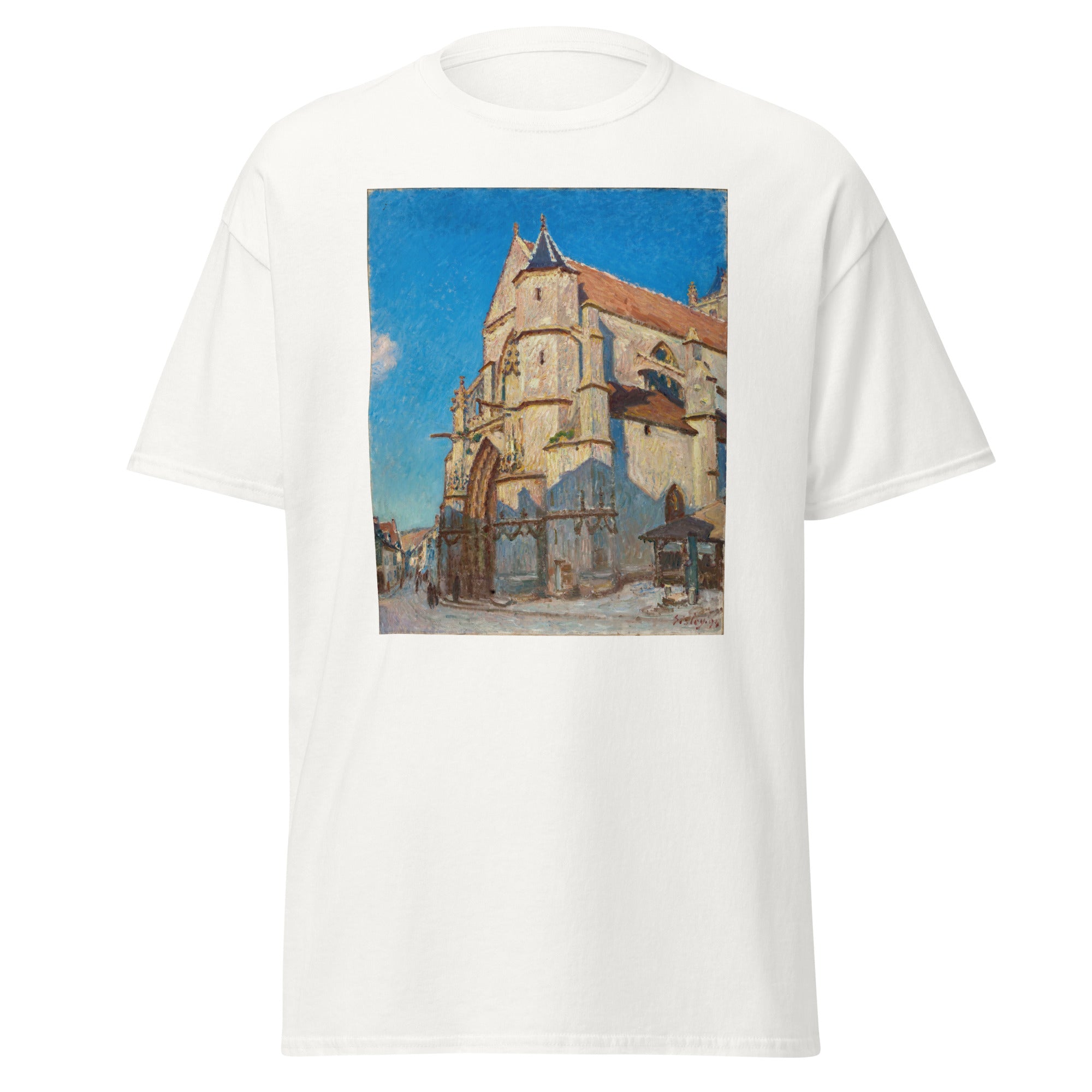 Unisex black t-shirt featuring Alfred Sisley painting "Eglise Moret" printed across the front