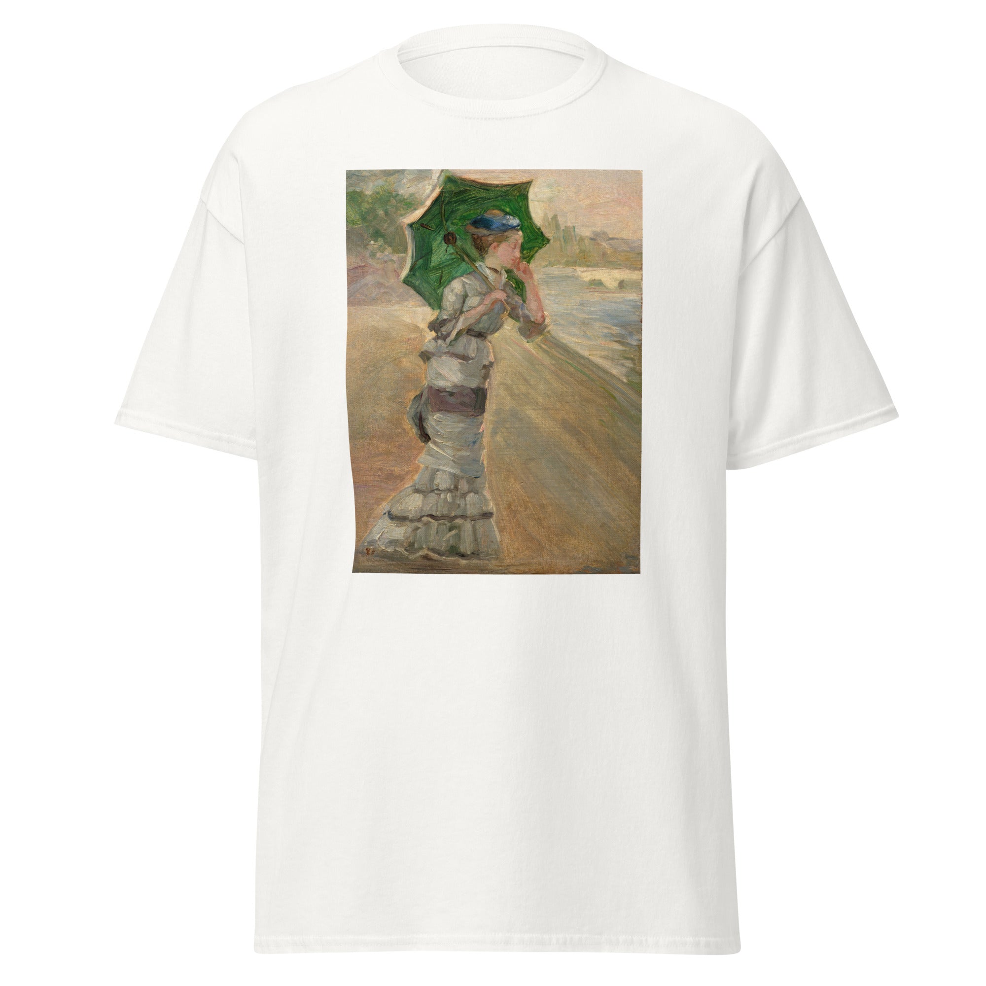 Unisex black t-shirt featuring Alfred Sisley painting "Elegant Woman" printed across the front