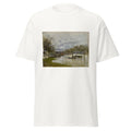Unisex black t-shirt featuring Alfred Sisley painting "Flood of Road" printed across the front