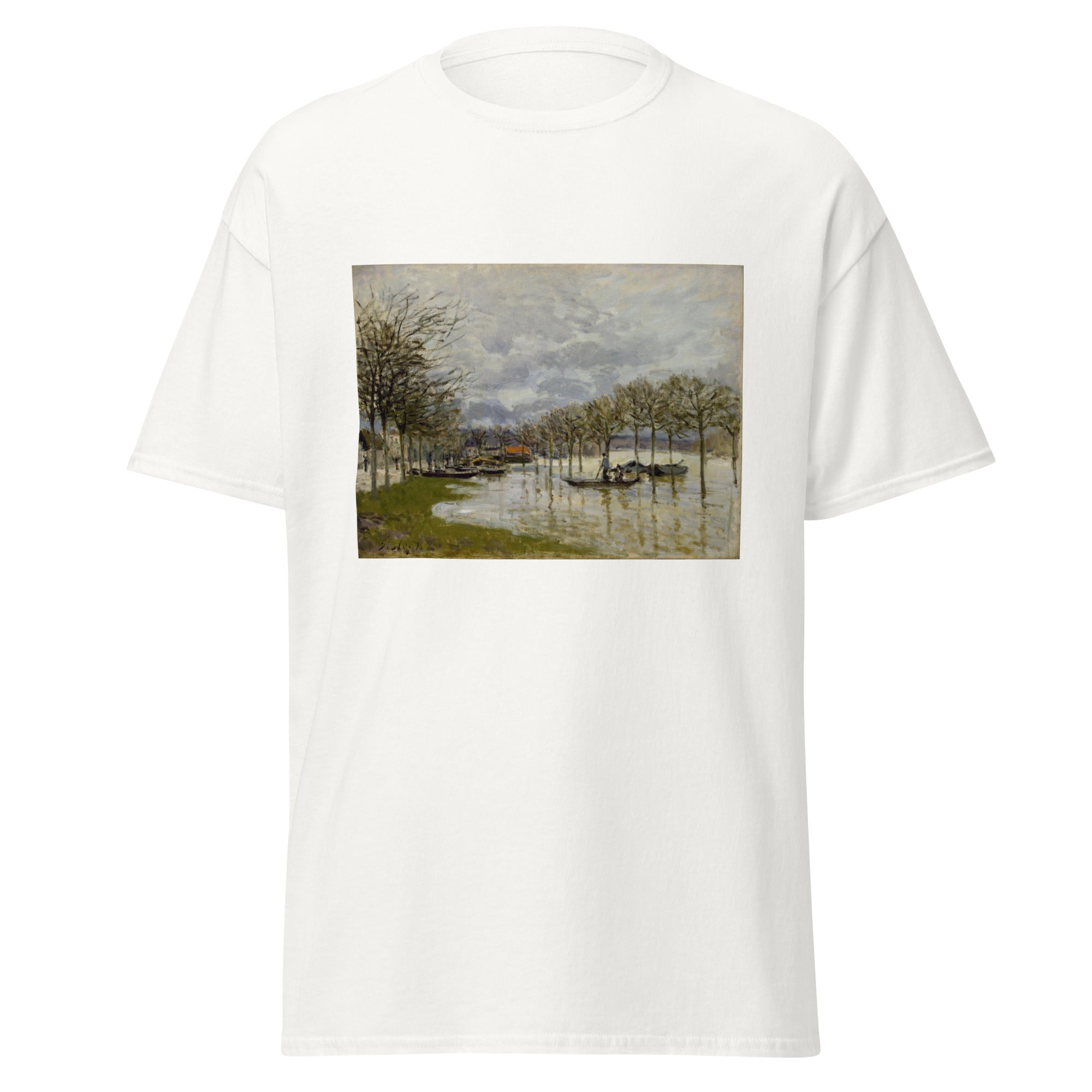 Unisex black t-shirt featuring Alfred Sisley painting "Flood of Road" printed across the front