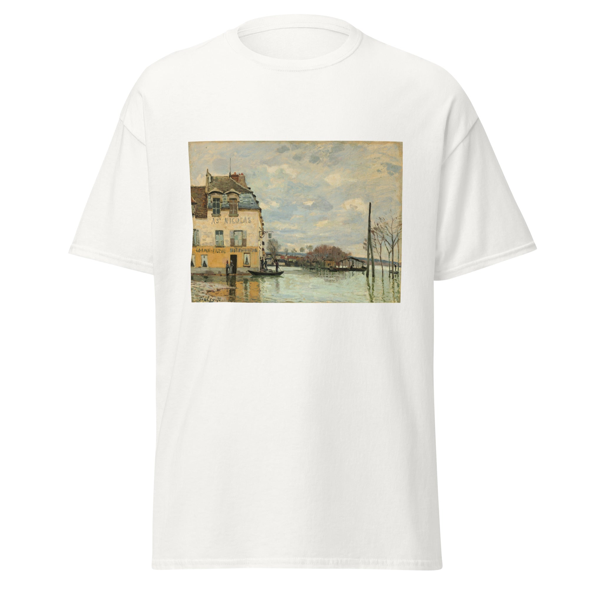 Unisex black t-shirt featuring Alfred Sisley painting "Flood" printed across the front