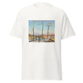 Unisex black t-shirt featuring Alfred Sisley painting "Gare Moret Sur Loing" printed across the front
