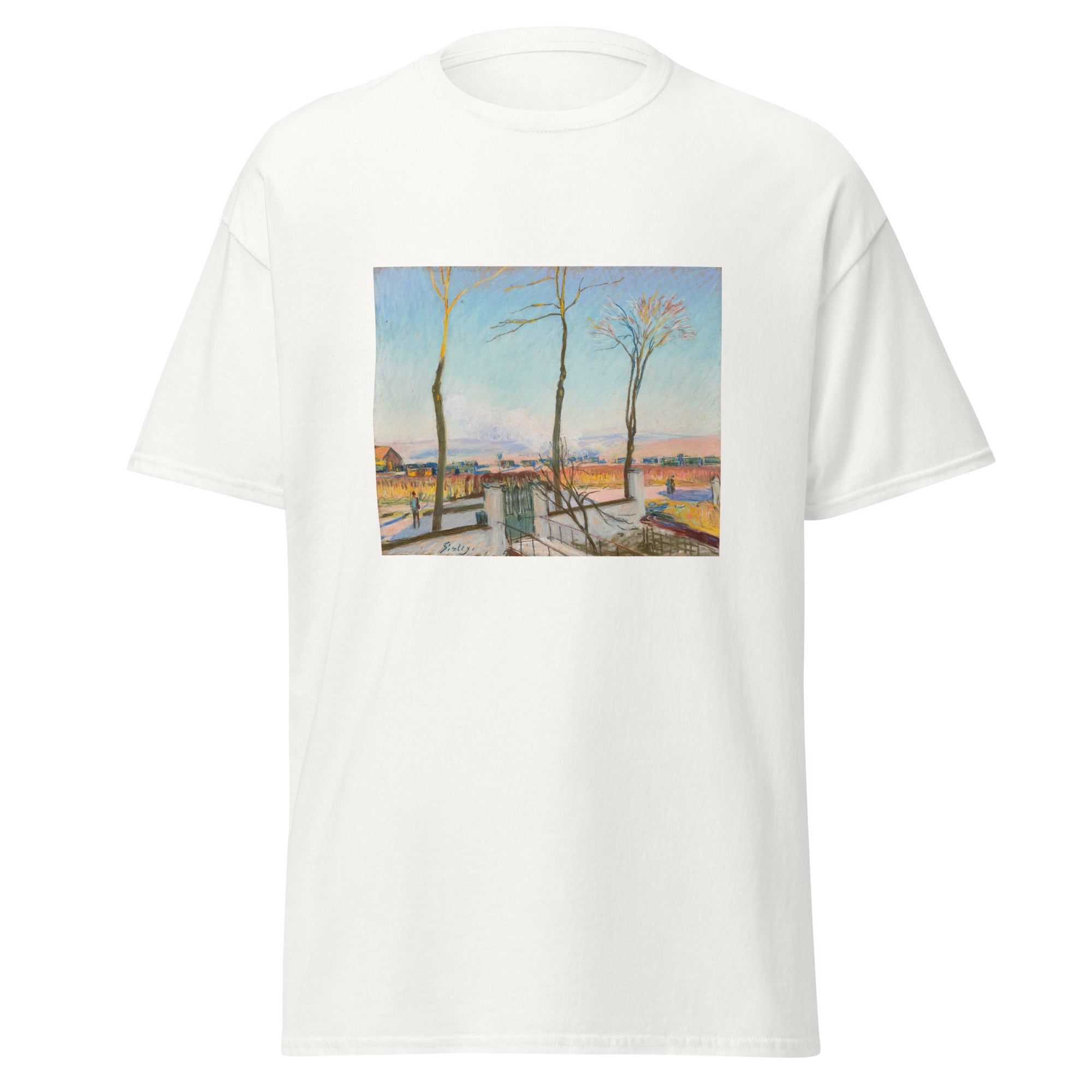 Unisex black t-shirt featuring Alfred Sisley painting "Gare Moret Sur Loing" printed across the front