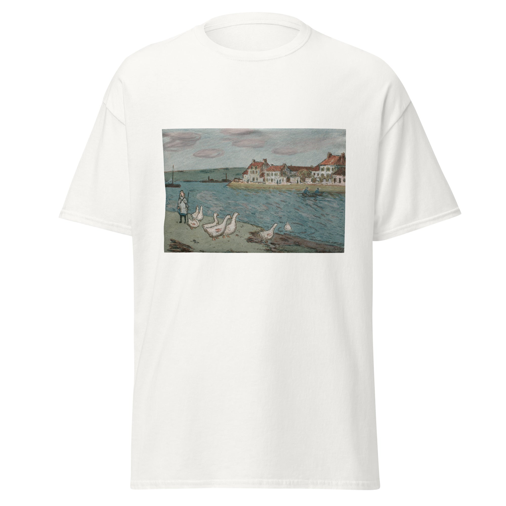 Unisex black t-shirt featuring Alfred Sisley painting "Geese" printed across the front