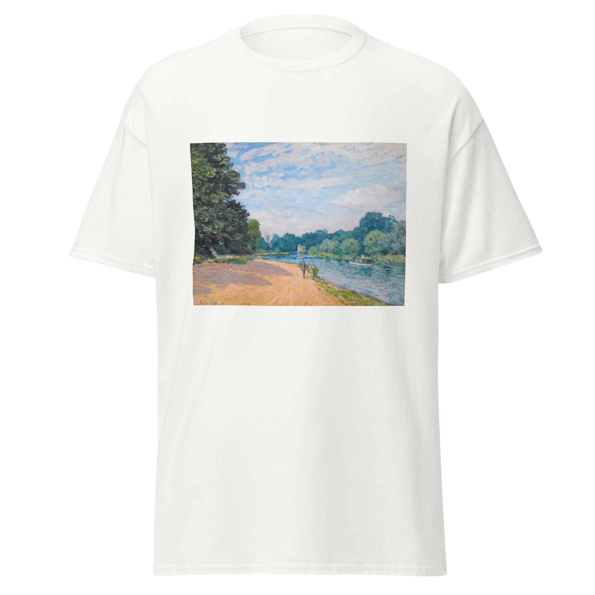 Unisex black t-shirt featuring Alfred Sisley painting "Hampton Church" printed across the front