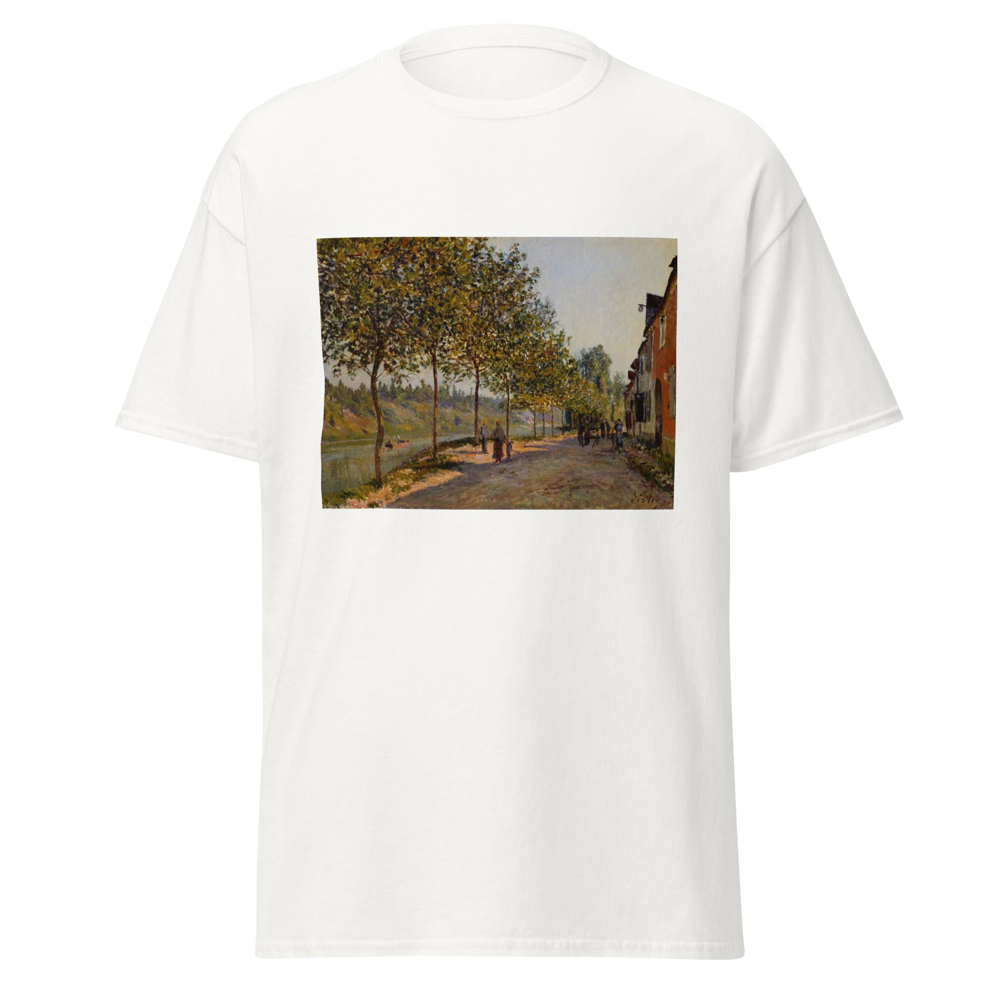 Unisex black t-shirt featuring Alfred Sisley painting "June Morning" printed across the front