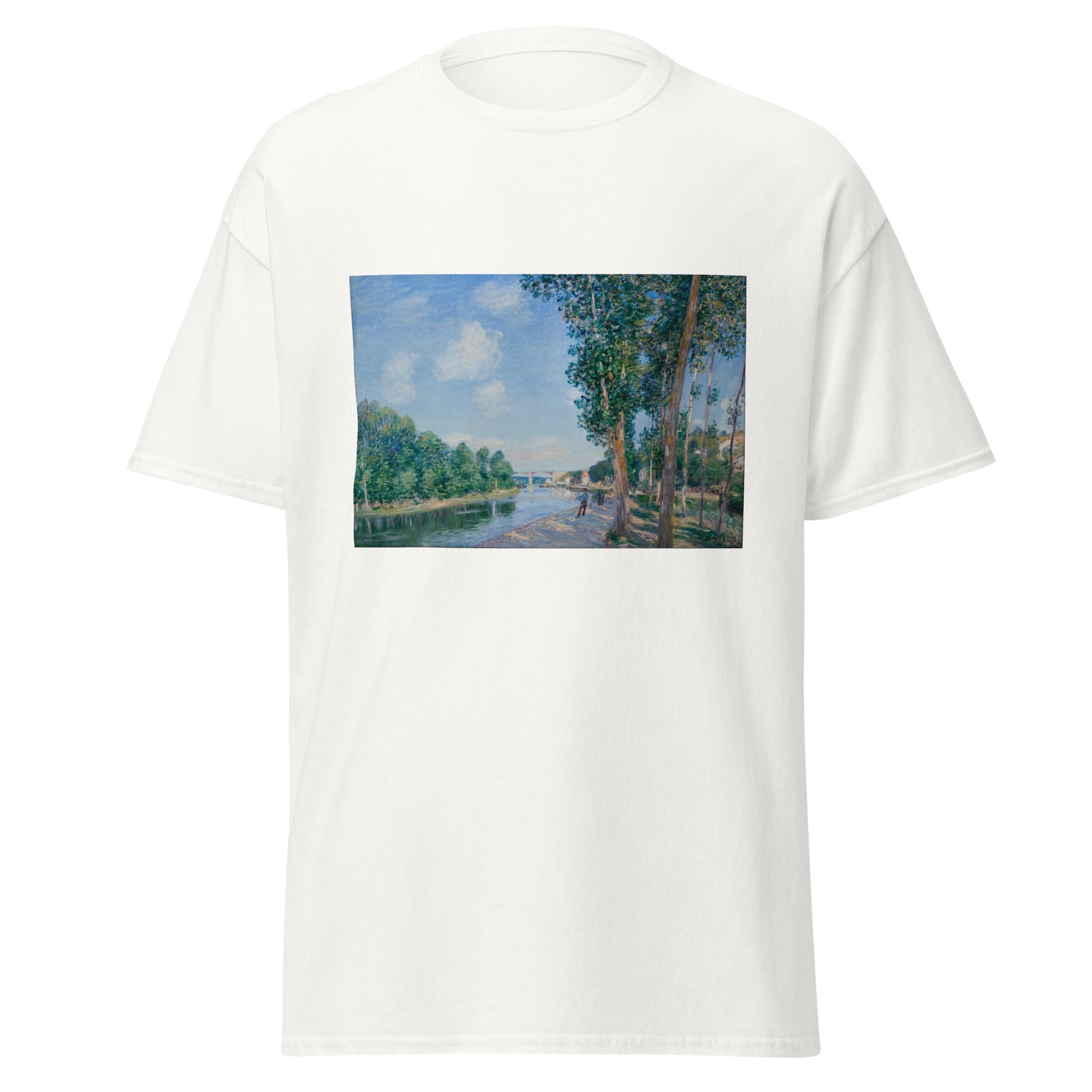 Unisex black t-shirt featuring Alfred Sisley painting "June Sunshine" printed across the front