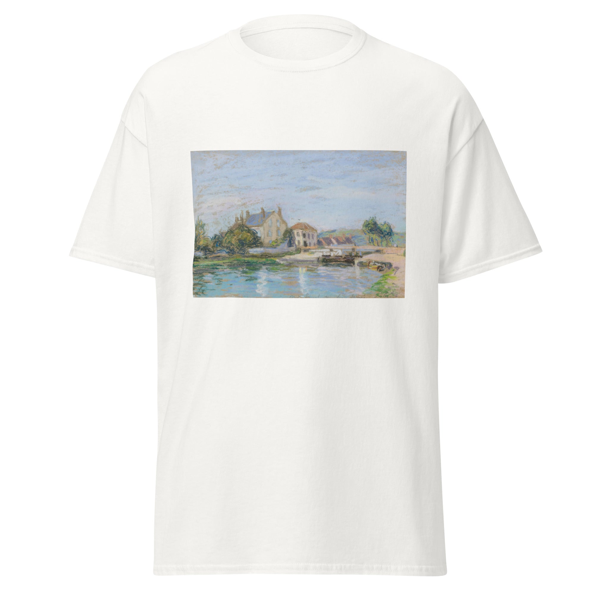 Unisex black t-shirt featuring Alfred Sisley painting "La Gazonne" printed across the front