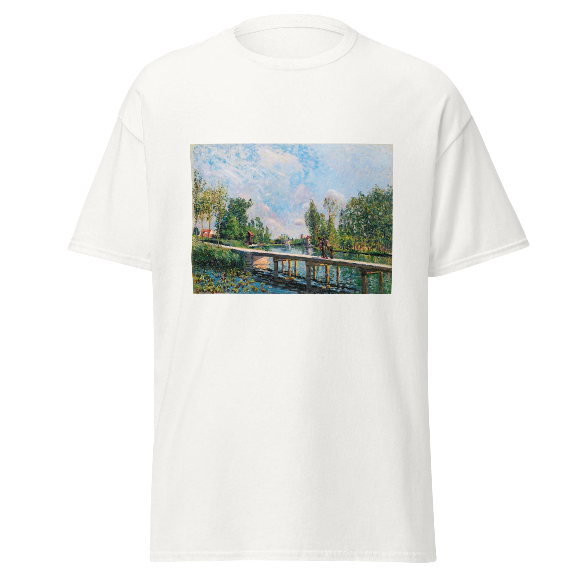 Unisex black t-shirt featuring Alfred Sisley painting "La Passerelle" printed across the front
