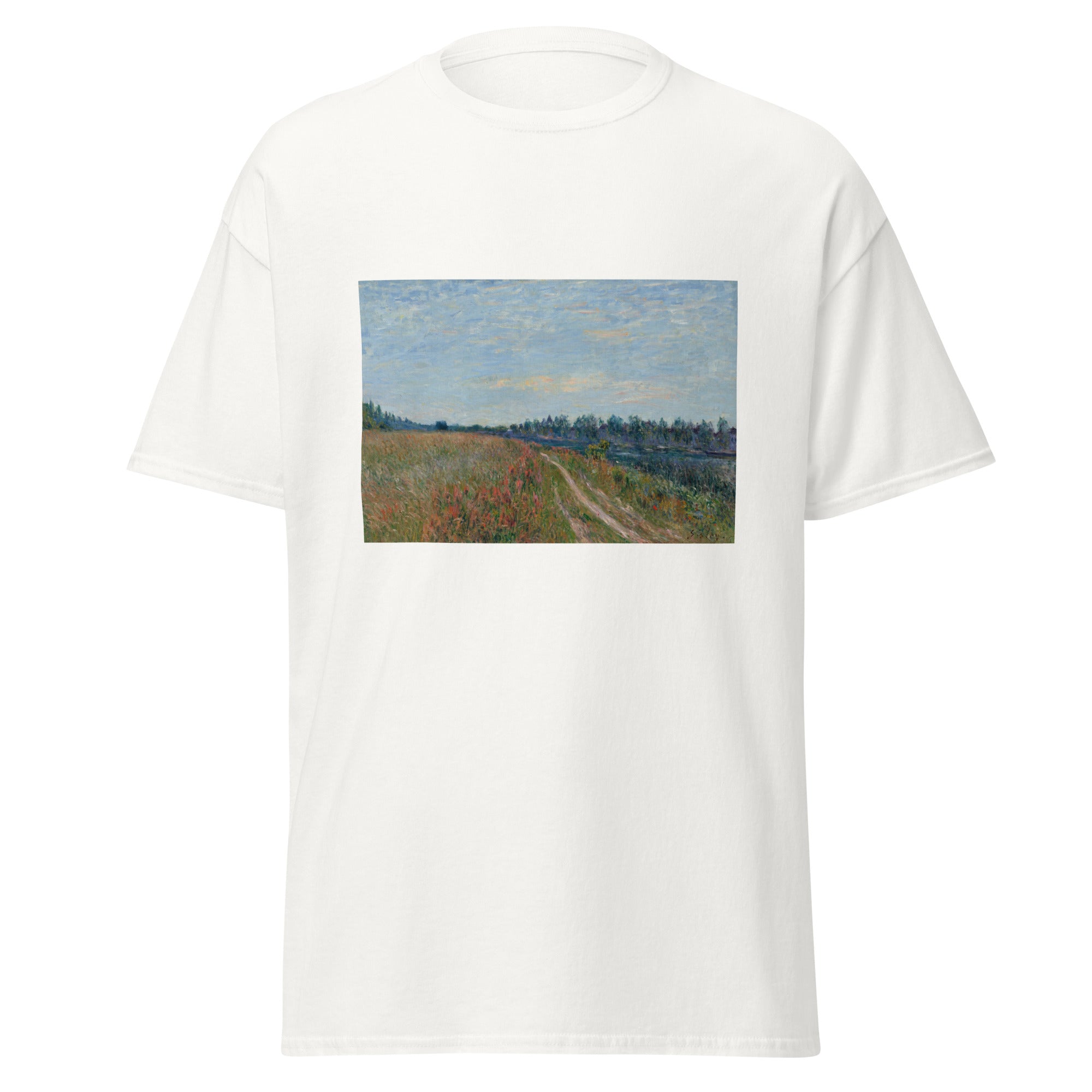 Unisex black t-shirt featuring Alfred Sisley painting "La Prairie" printed across the front