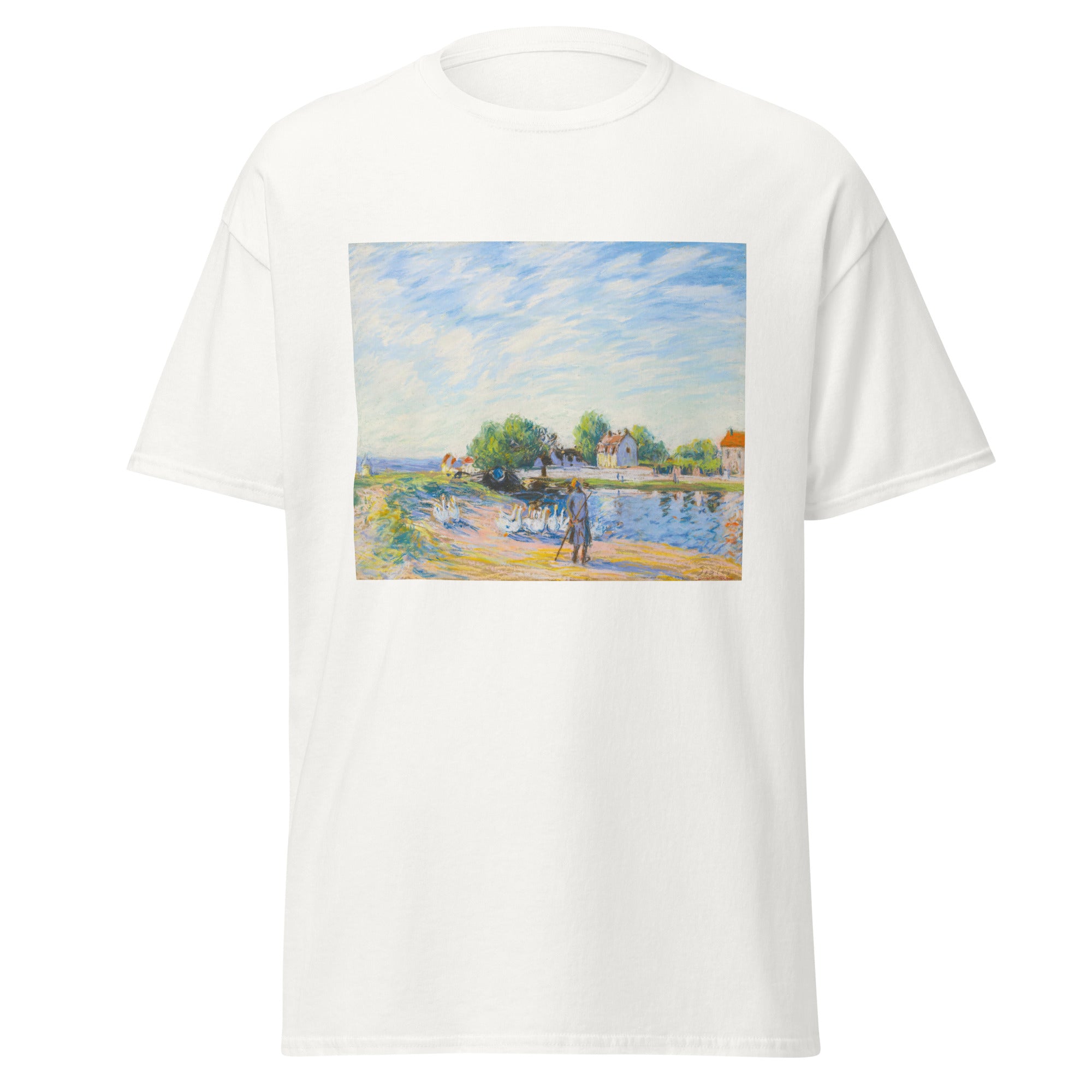 Unisex black t-shirt featuring Alfred Sisley painting "Les Oies" printed across the front