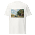 Unisex black t-shirt featuring Alfred Sisley painting "Loing 1877" printed across the front