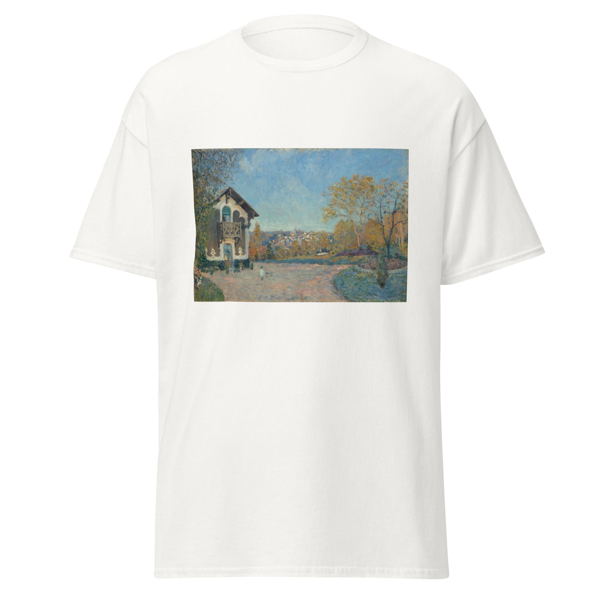 Unisex black t-shirt featuring Alfred Sisley painting "Marly Le Roi" printed across the front