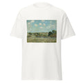 Unisex black t-shirt featuring Alfred Sisley painting "Meadow" printed across the front