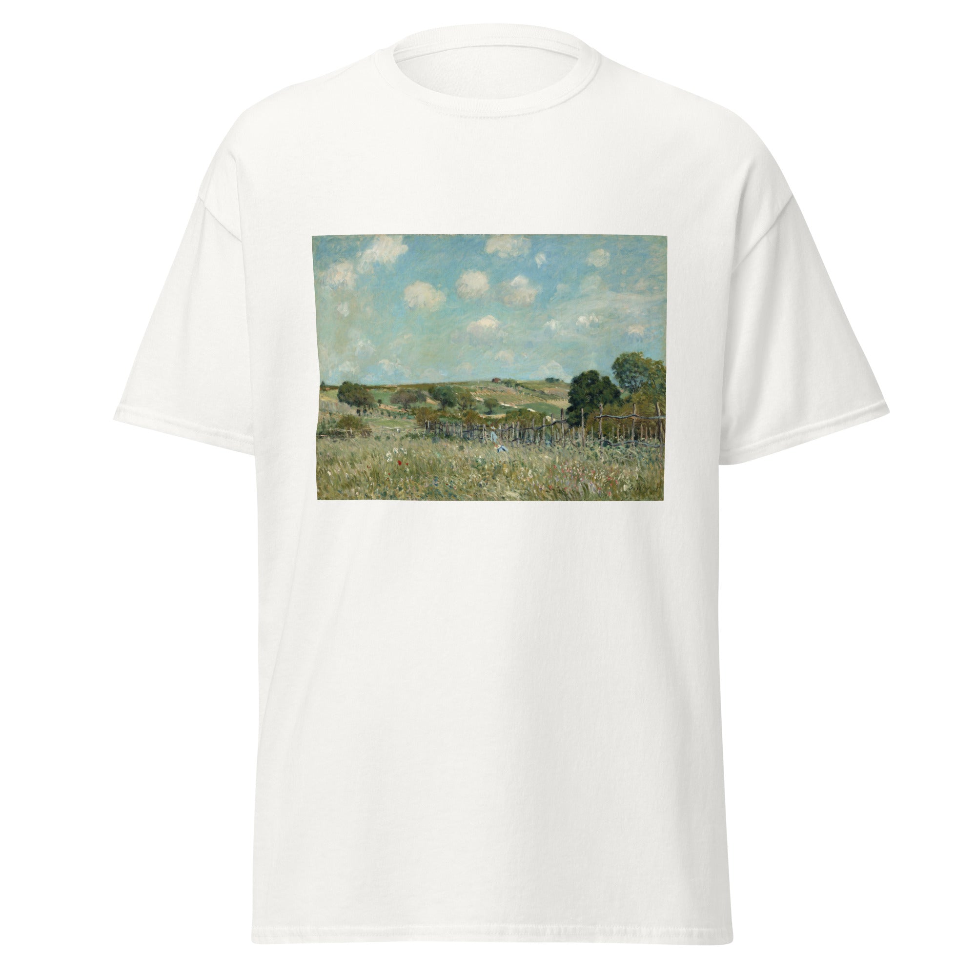 Unisex black t-shirt featuring Alfred Sisley painting "Meadow" printed across the front