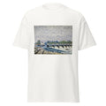 Unisex black t-shirt featuring Alfred Sisley painting "Molesly Weir" printed across the front