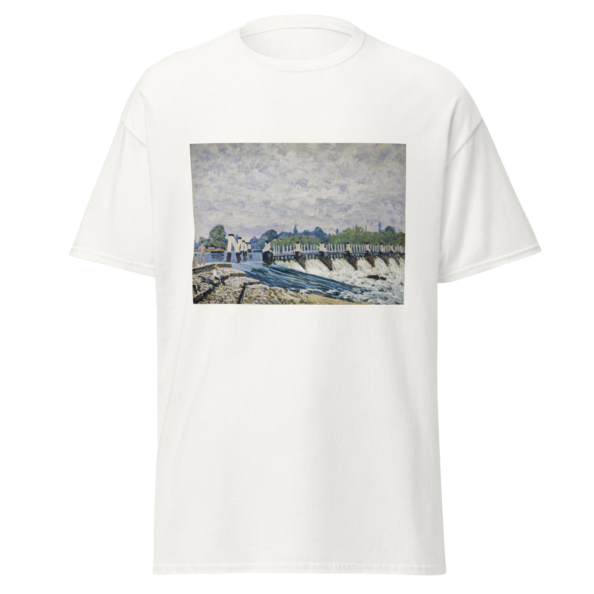 Unisex black t-shirt featuring Alfred Sisley painting "Molesly Weir" printed across the front