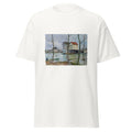 Unisex black t-shirt featuring Alfred Sisley painting "Moret Winter" printed across the front