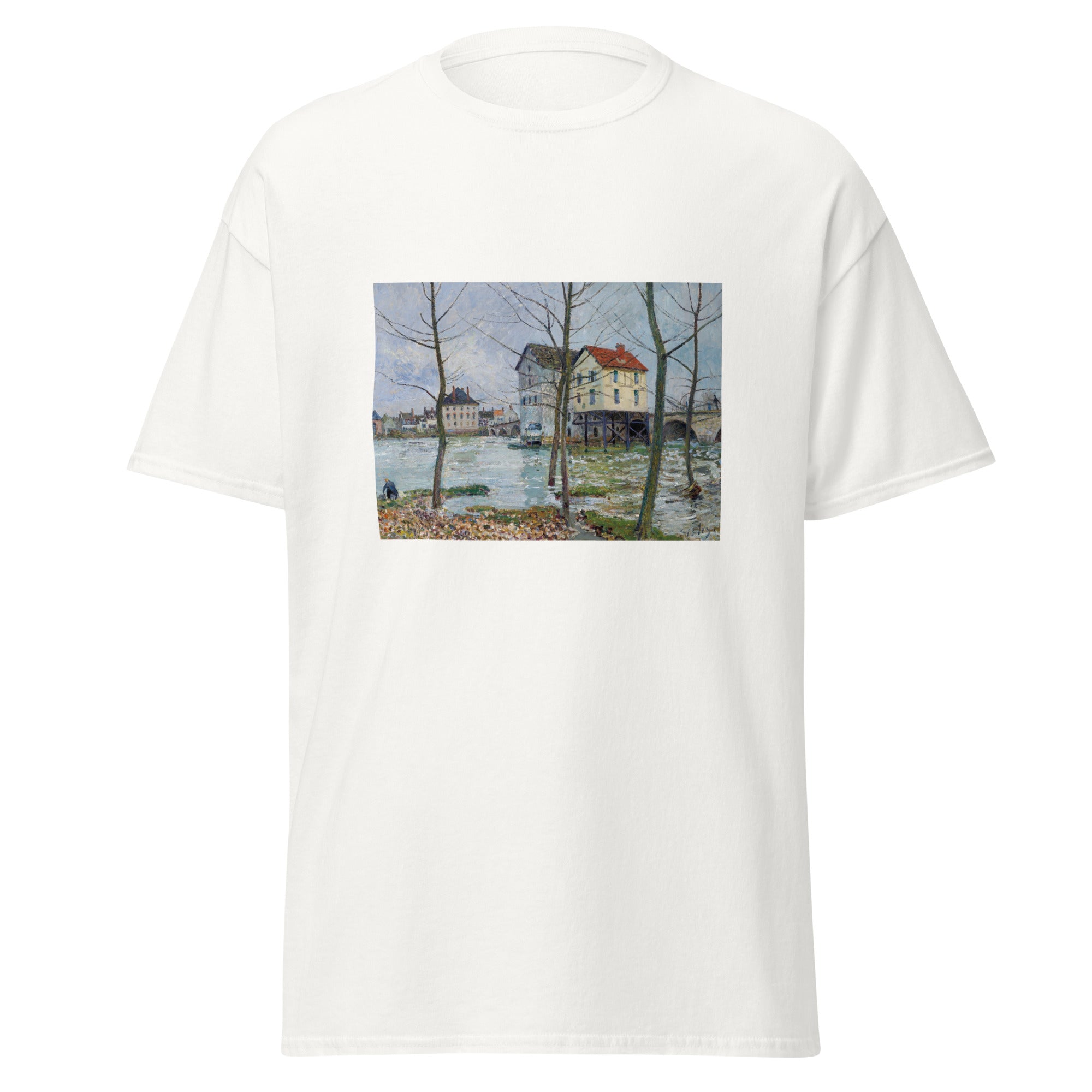 Unisex black t-shirt featuring Alfred Sisley painting "Moret Winter" printed across the front