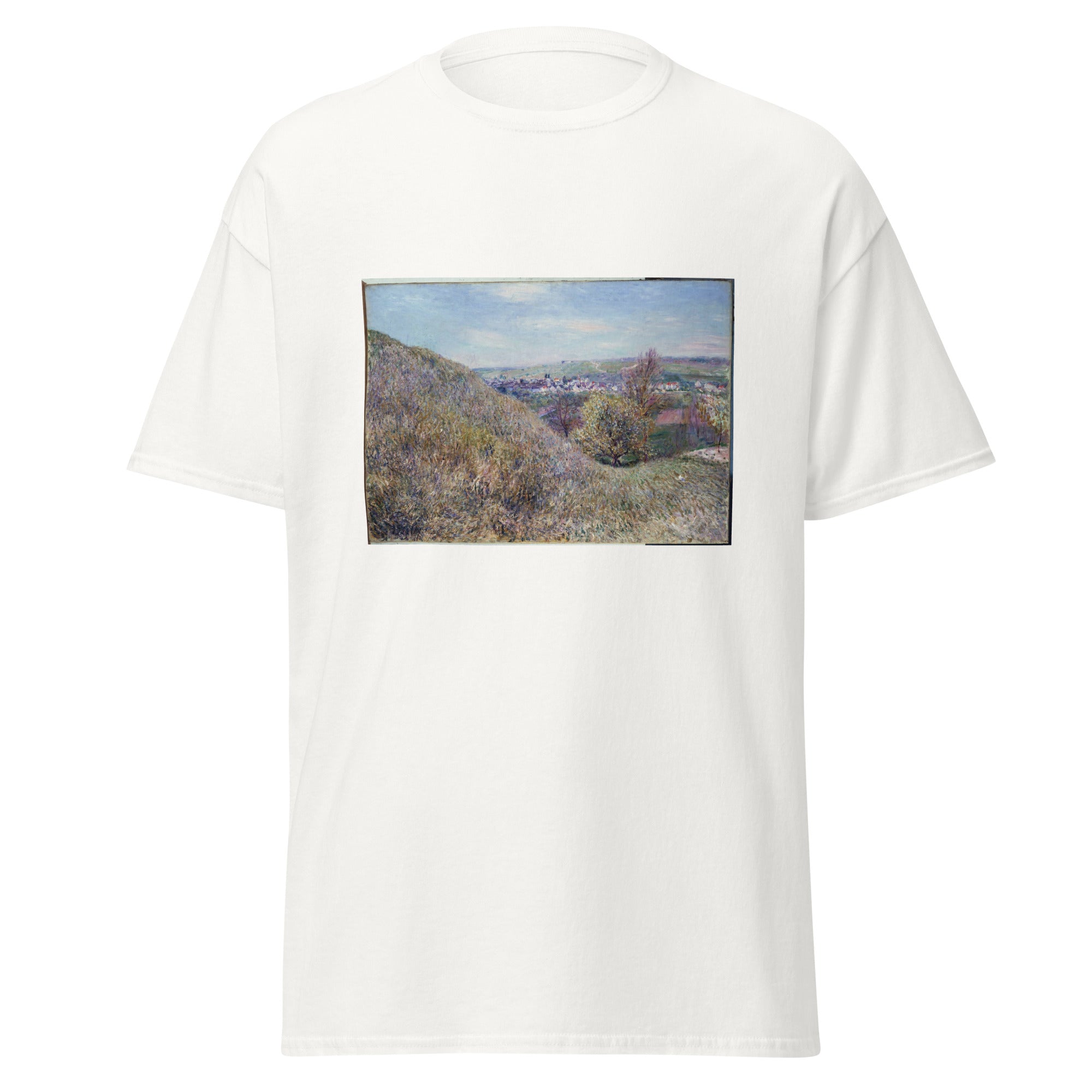 Unisex black t-shirt featuring Alfred Sisley painting "Moret Spring" printed across the front