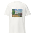 Unisex black t-shirt featuring Alfred Sisley painting "Moret Sur Loing 1888" printed across the front