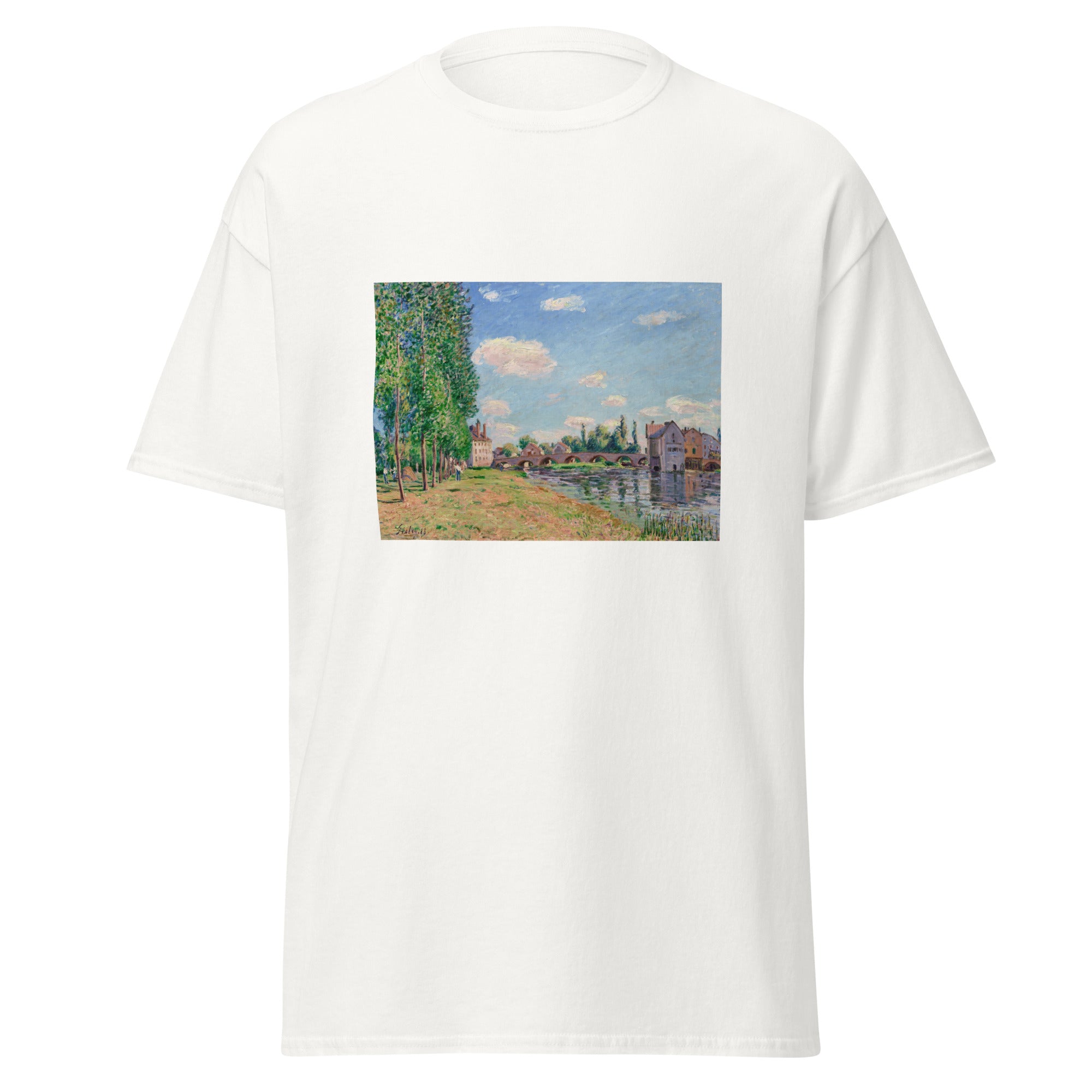 Unisex black t-shirt featuring Alfred Sisley painting "Moret Sur Loing 1888" printed across the front