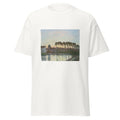 Unisex black t-shirt featuring Alfred Sisley painting "Moret Sur Loing" printed across the front