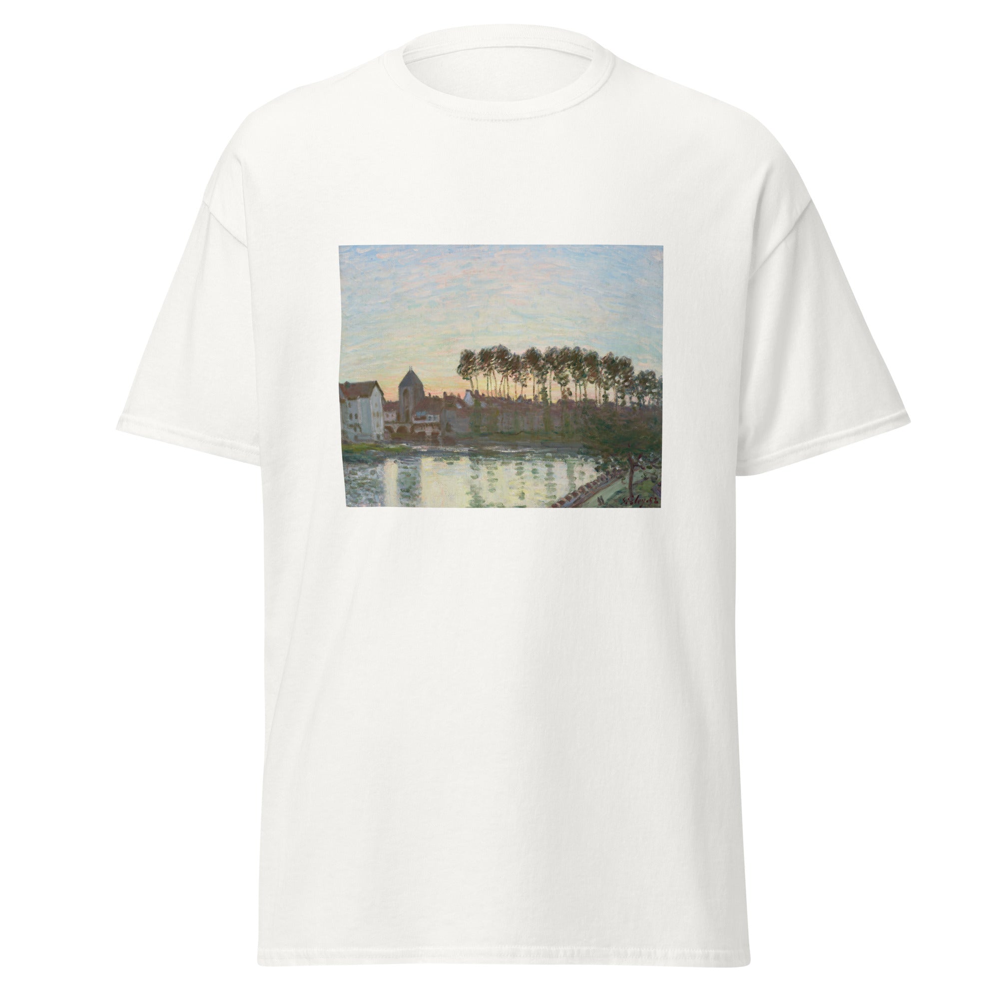 Unisex black t-shirt featuring Alfred Sisley painting "Moret Sur Loing" printed across the front
