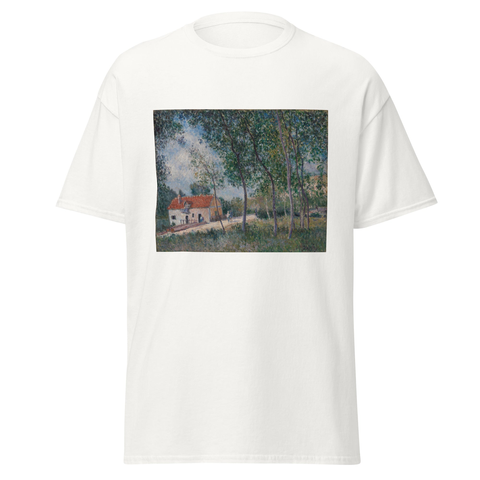 Unisex black t-shirt featuring Alfred Sisley painting "Moret" printed across the front