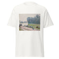 Unisex black t-shirt featuring Alfred Sisley painting "Peniches" printed across the front