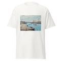 Unisex black t-shirt featuring Alfred Sisley painting "Piles of Sand" printed across the front