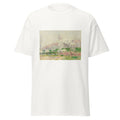 Unisex black t-shirt featuring Alfred Sisley painting "Pommiers" printed across the front